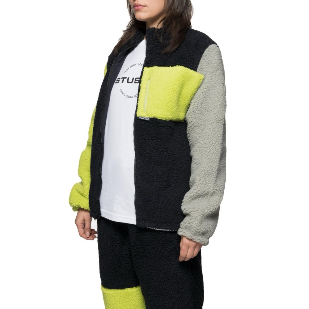 Stussy Color Block Sherpa Teddy Jacket Zip Up Fleece Sweatshirt Black Neon Small